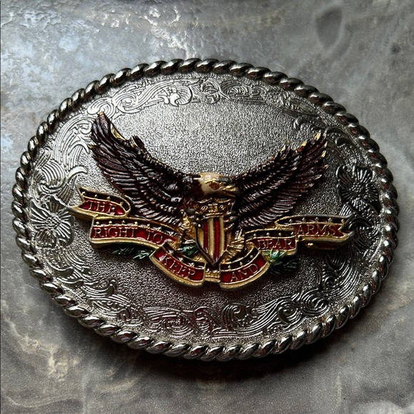 Vintage Raintree 1978 Belt Buckle Eagle The Right To Keep And Bear Arms - Picture 1 of 6